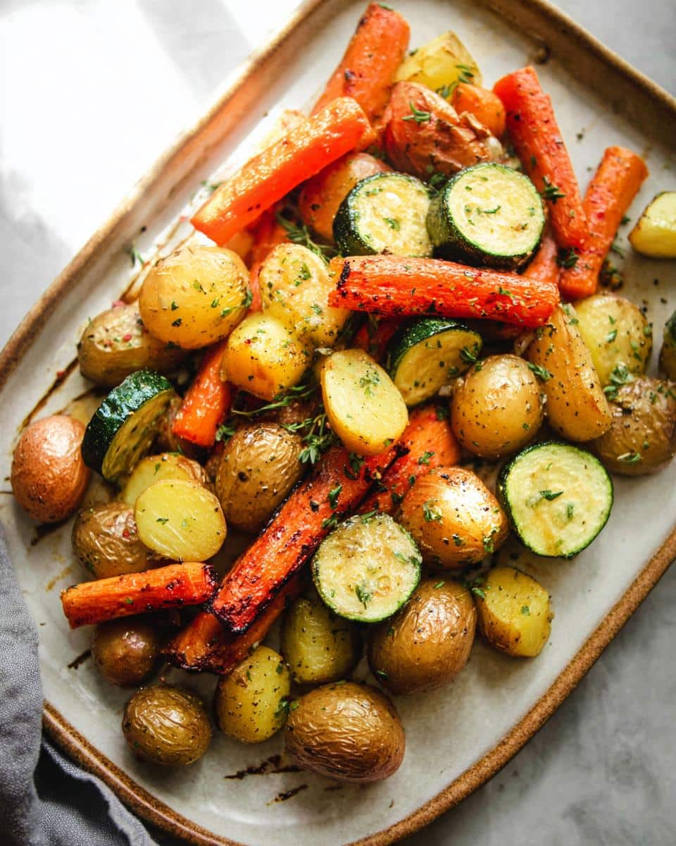 A close-up overhead view of a platter filled with perfectly roasted potatoes, carrots, and zucchini, seasoned with herbs.