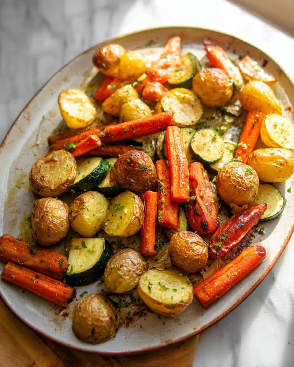 A platter of perfectly roasted potatoes, carrots, and zucchini, seasoned with herbs.