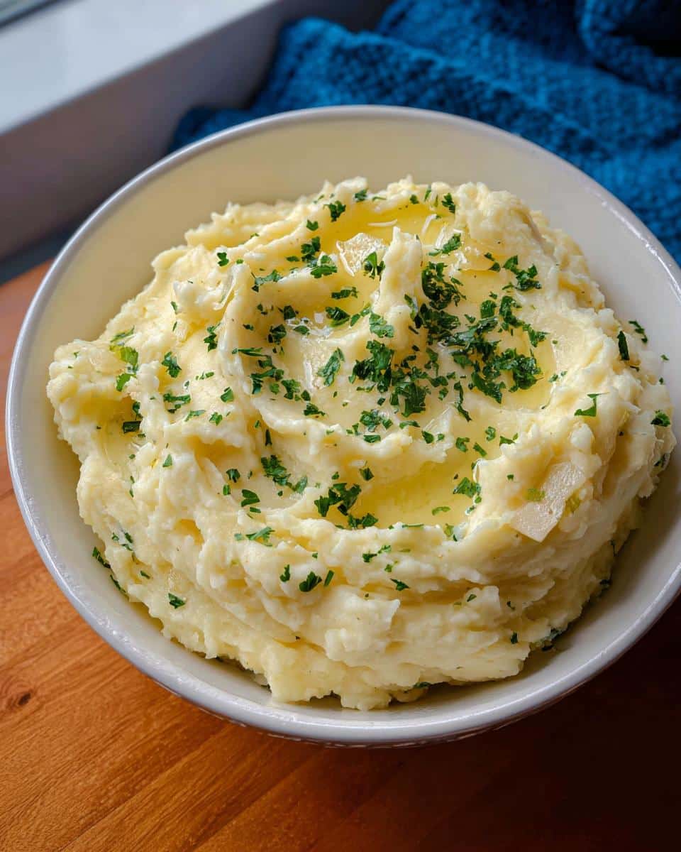 A bowl of creamy Rosemary Garlic Mashed Potatoes topped with melted butter and fresh parsley.