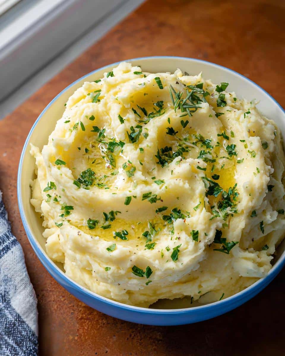 A bowl of creamy Rosemary Garlic Mashed Potatoes topped with melted butter, fresh rosemary, and chopped parsley.