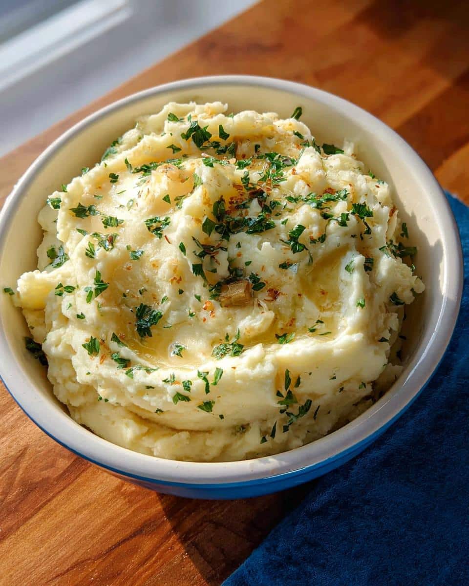 A bowl of creamy Rosemary Garlic Mashed Potatoes topped with melted butter, fresh parsley, and roasted garlic.