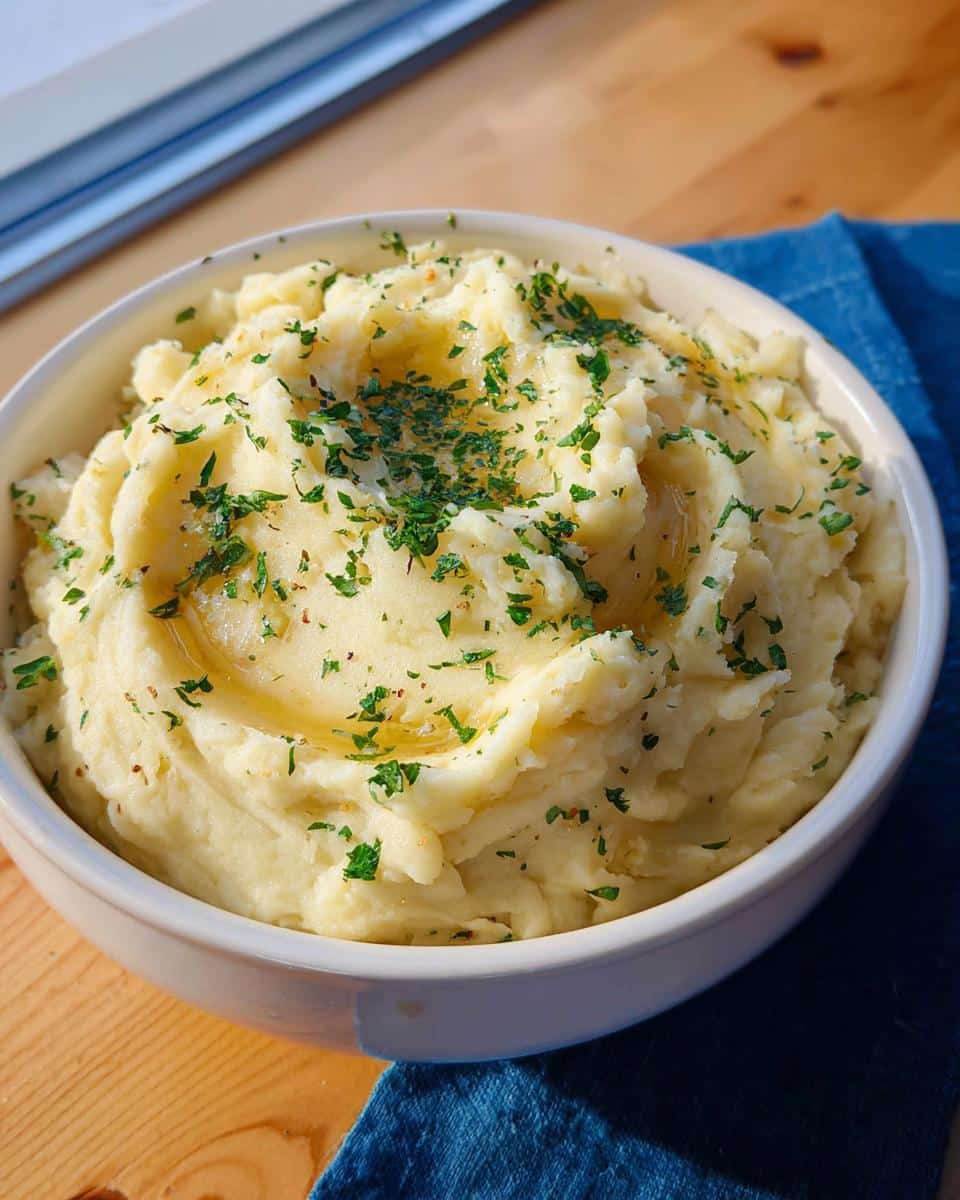 A white bowl filled with creamy Rosemary Garlic Mashed Potatoes, topped with melted butter and fresh parsley.