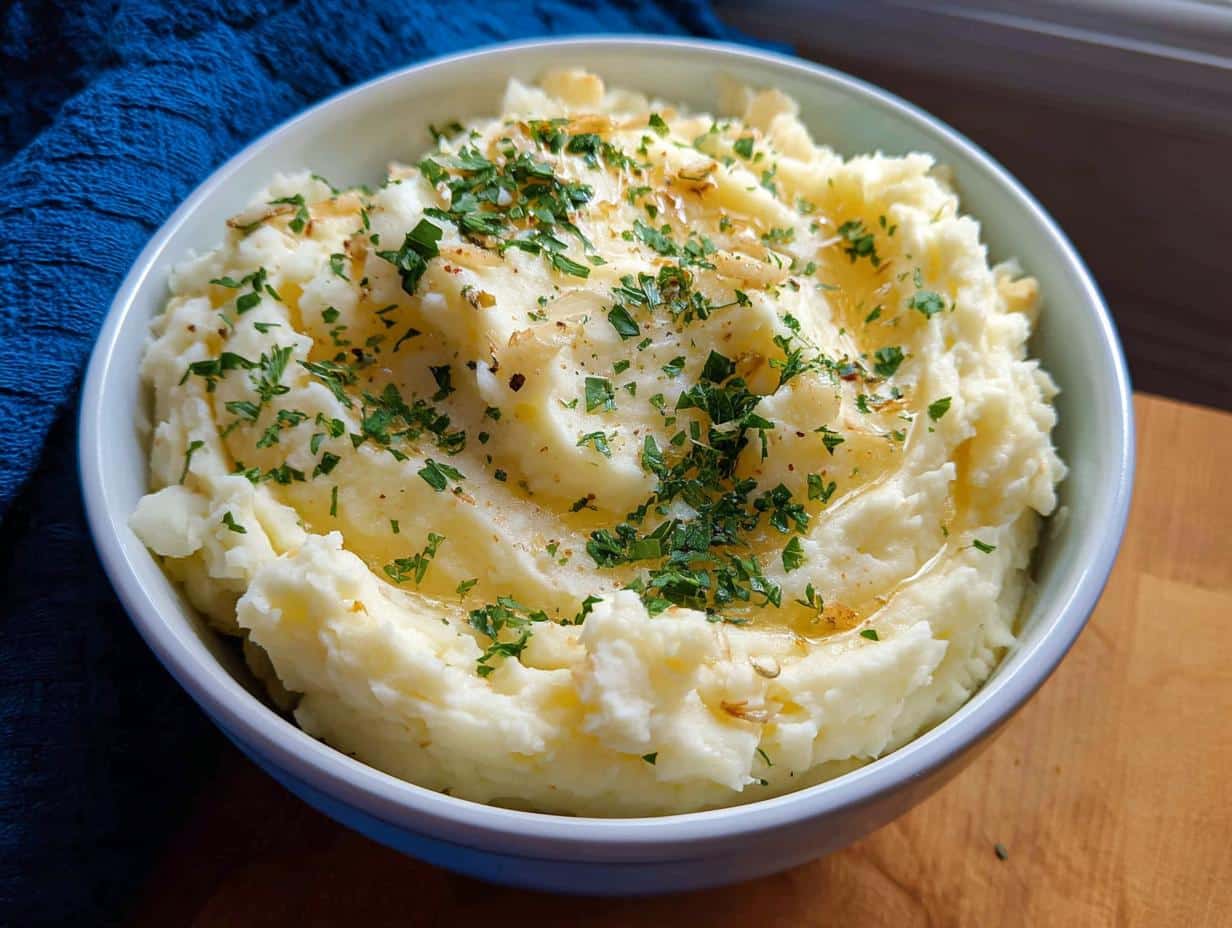 A bowl of creamy Rosemary Garlic Mashed Potatoes topped with melted butter, herbs, and roasted garlic.