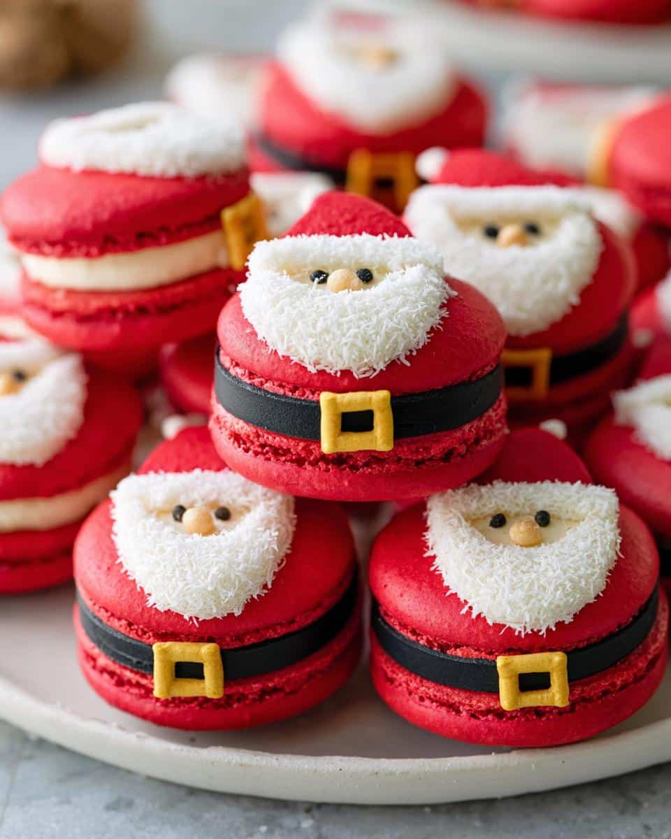 Close-up of festive Santa Claus Macarons with red shells, white coconut beards, and black belts with yellow buckles.