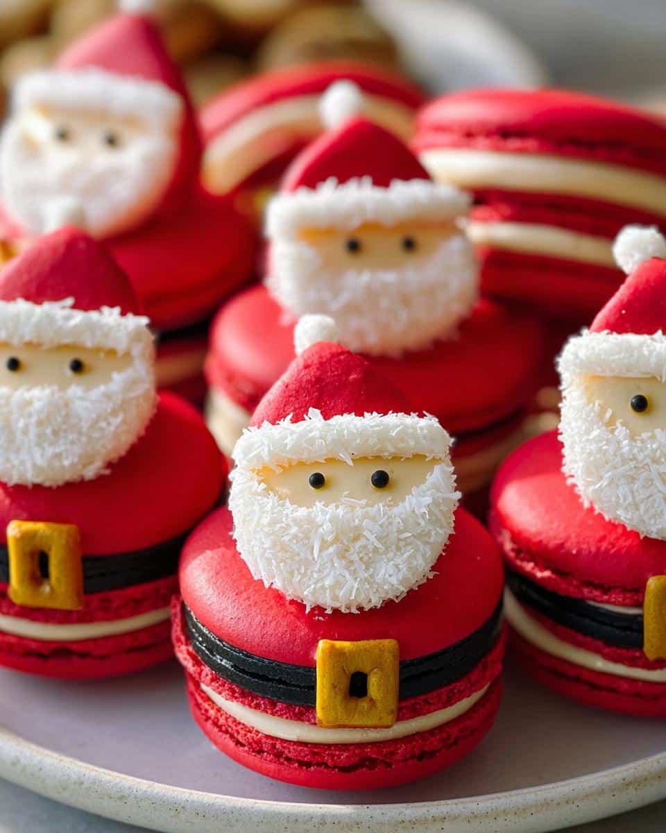 Close-up of festive Santa Claus Macarons decorated with red shells, white coconut beards, and black and yellow belts.