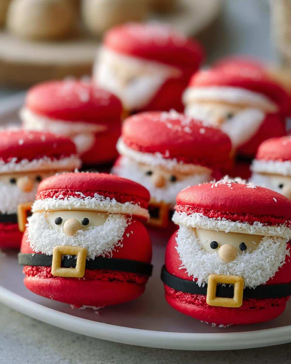 Close-up of festive Santa Claus Macarons with red shells, white coconut beards, and black belts.