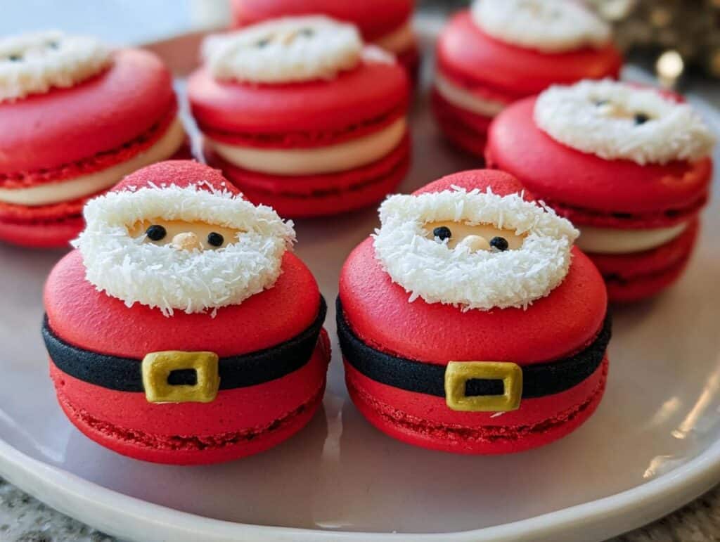 Close-up of adorable Santa Claus Macarons with red shells, white coconut beards, and black belts with gold buckles.