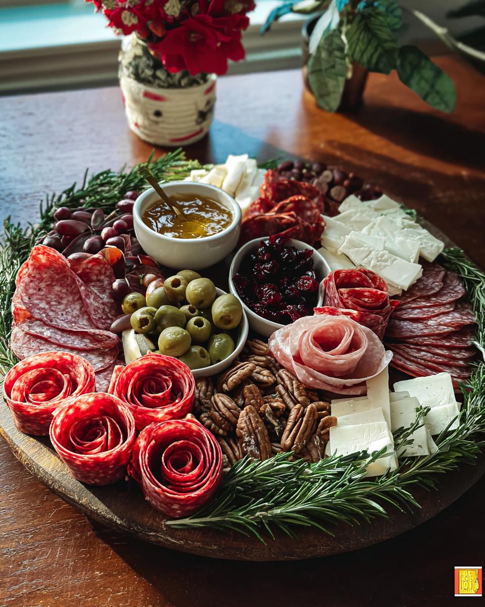 A beautifully arranged Savory Holiday Charcuterie Board featuring rolled meats, cheeses, olives, nuts, and fruit preserves.