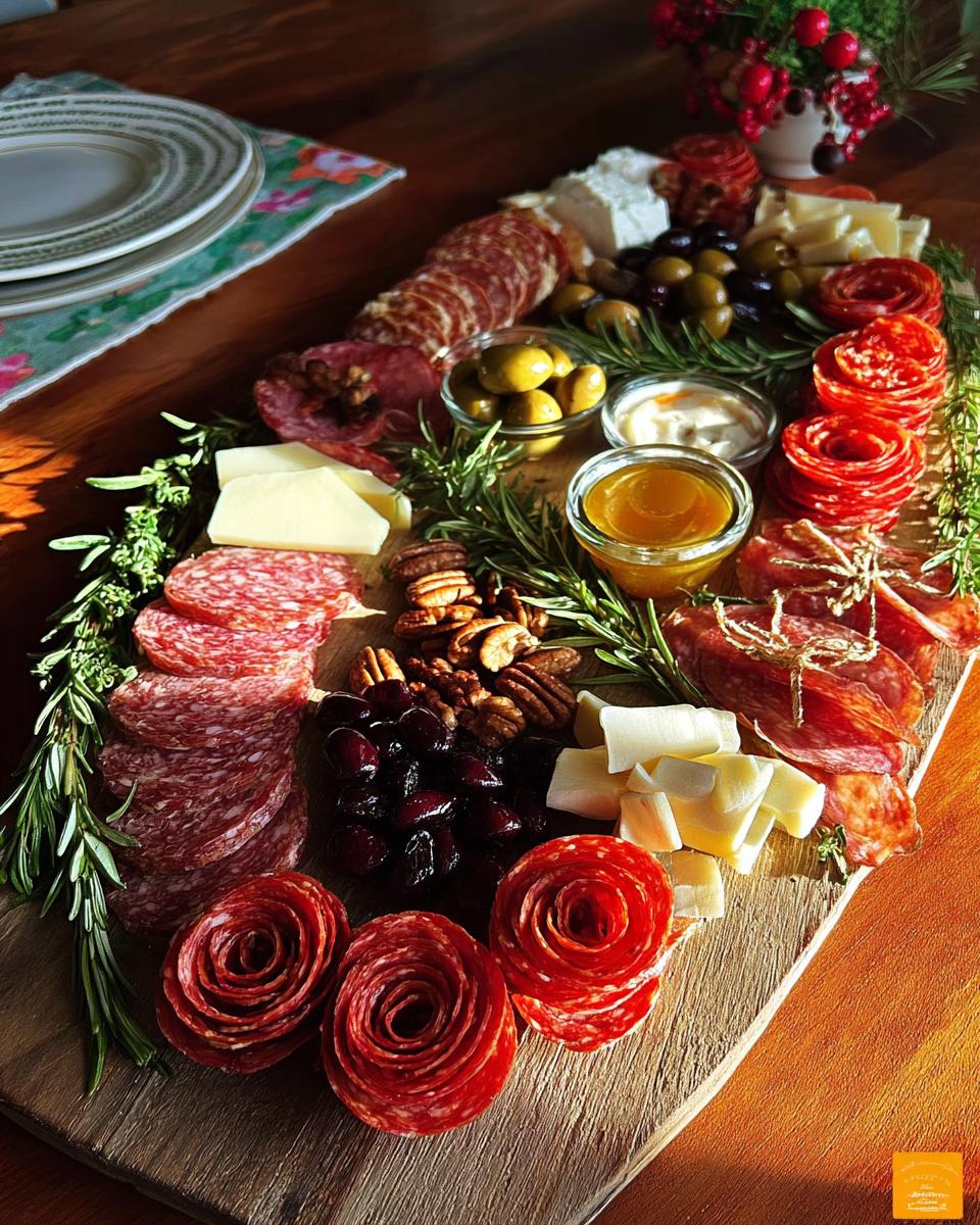 A beautifully arranged Savory Holiday Charcuterie Board featuring various cured meats, cheeses, olives, nuts, and berries.