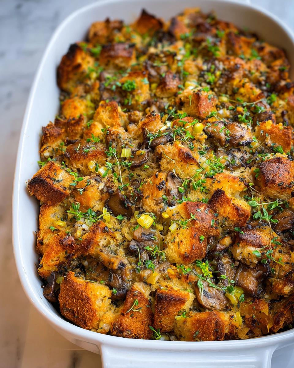 Close-up of a golden-brown Savory Mushroom & Herb Stuffing baked in a white dish, garnished with fresh herbs.