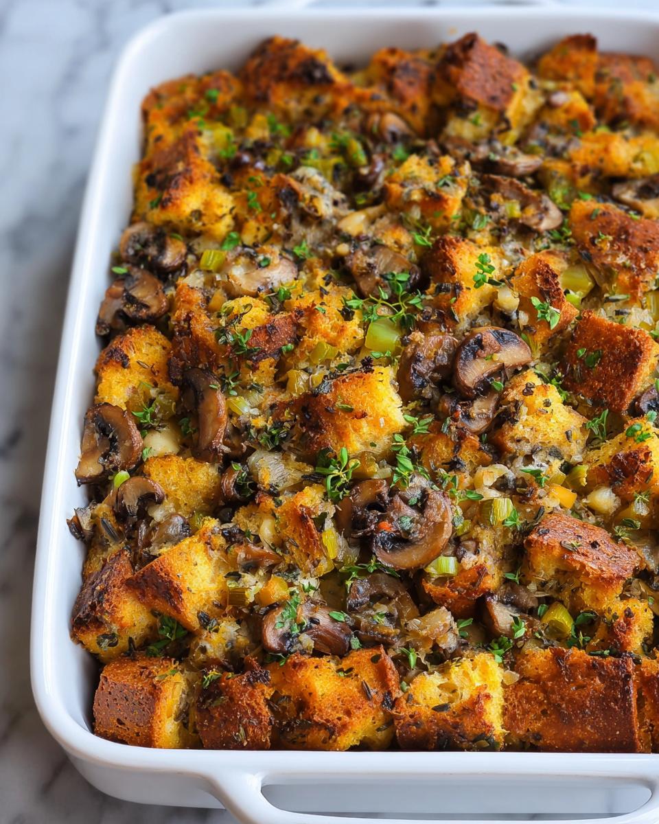 A close-up of Savory Mushroom & Herb Stuffing baked in a white casserole dish, topped with fresh herbs.