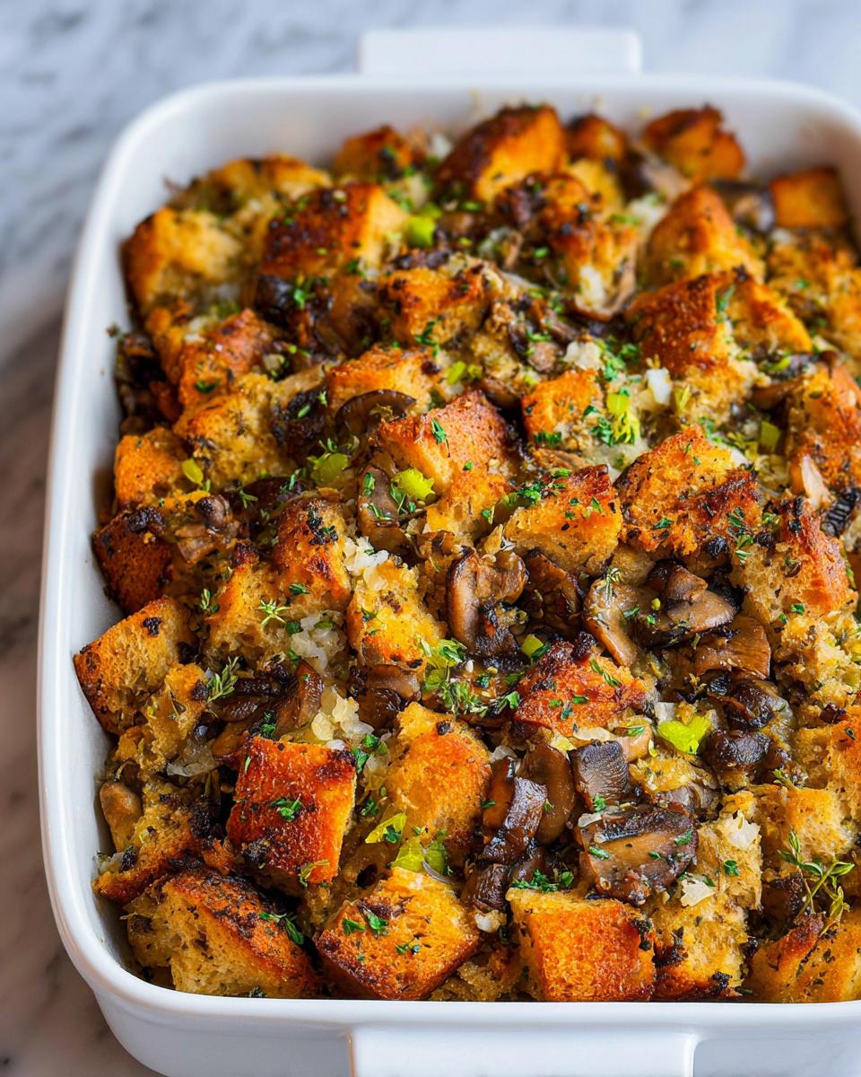 A close-up of a white baking dish filled with golden-brown Savory Mushroom & Herb Stuffing, topped with fresh herbs.
