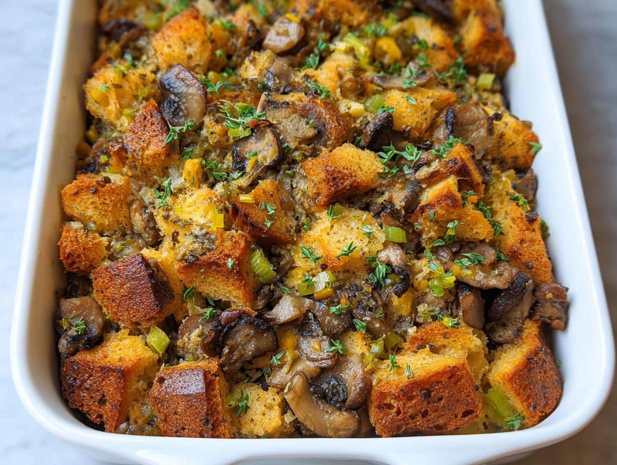 A close-up of a white baking dish filled with Savory Mushroom & Herb Stuffing, featuring golden-brown bread cubes, mushrooms, and herbs.
