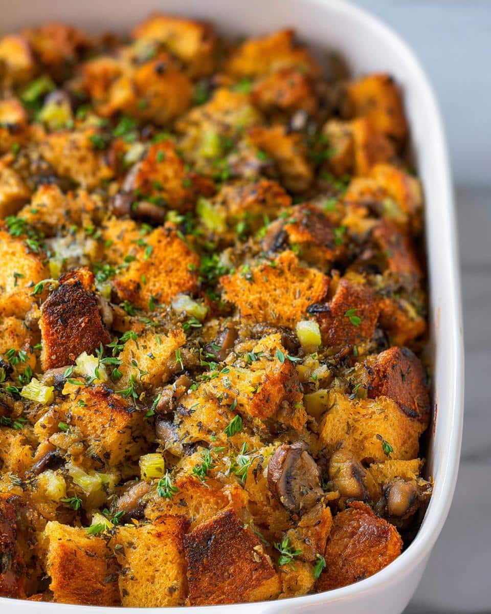 A close-up view of a white baking dish filled with golden-brown Savory Mushroom & Herb Stuffing, topped with fresh herbs.