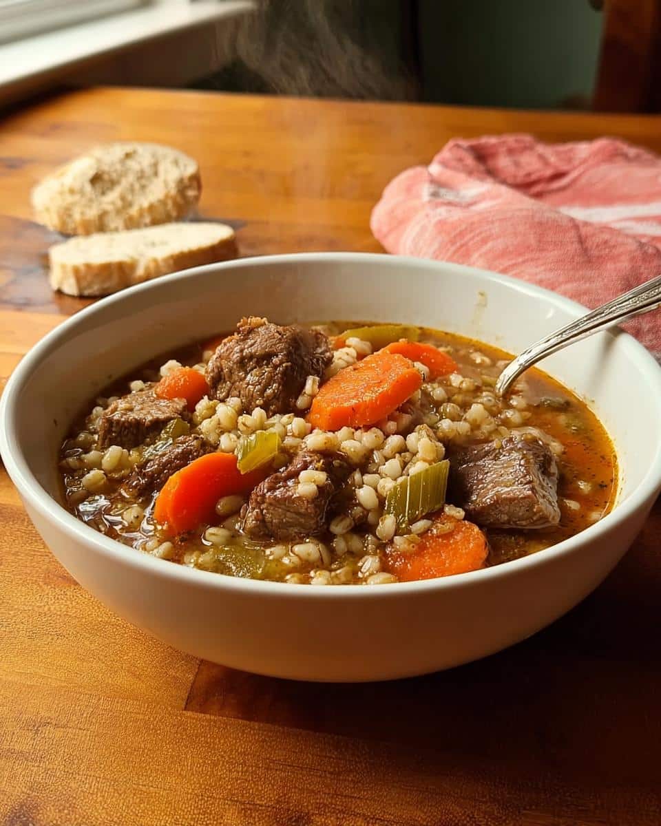 A steaming bowl of Slow Cooker Beef Barley Soup with tender beef chunks, barley, carrots, and celery.