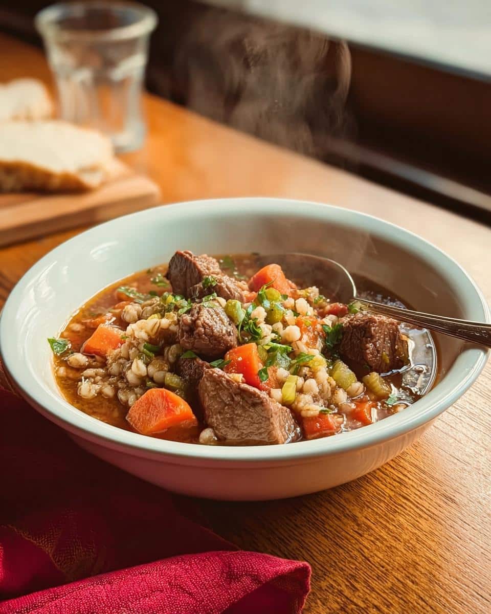 A steaming bowl of Slow Cooker Beef Barley Soup filled with tender beef chunks, barley, carrots, and celery.