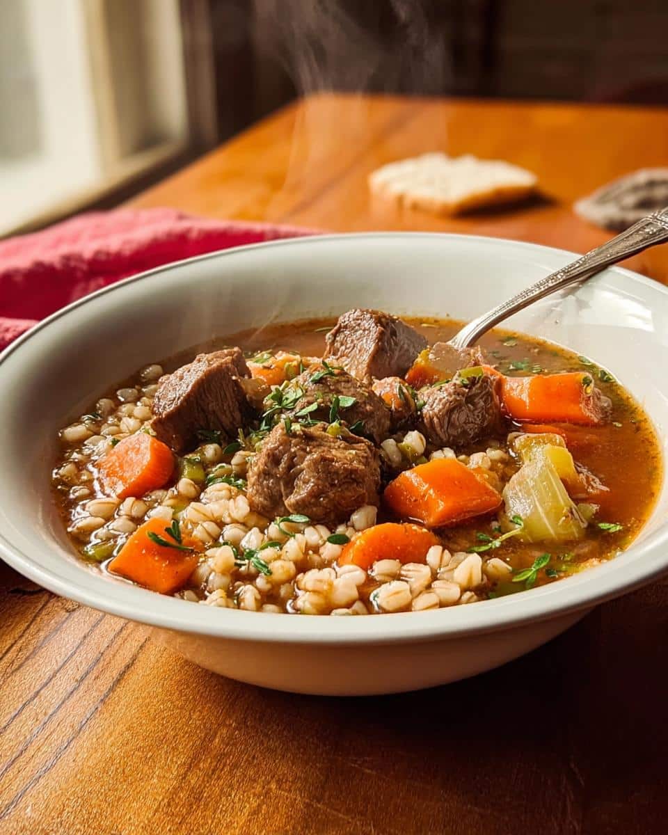 A steaming bowl of Slow Cooker Beef Barley Soup with tender beef chunks, carrots, barley, and herbs.