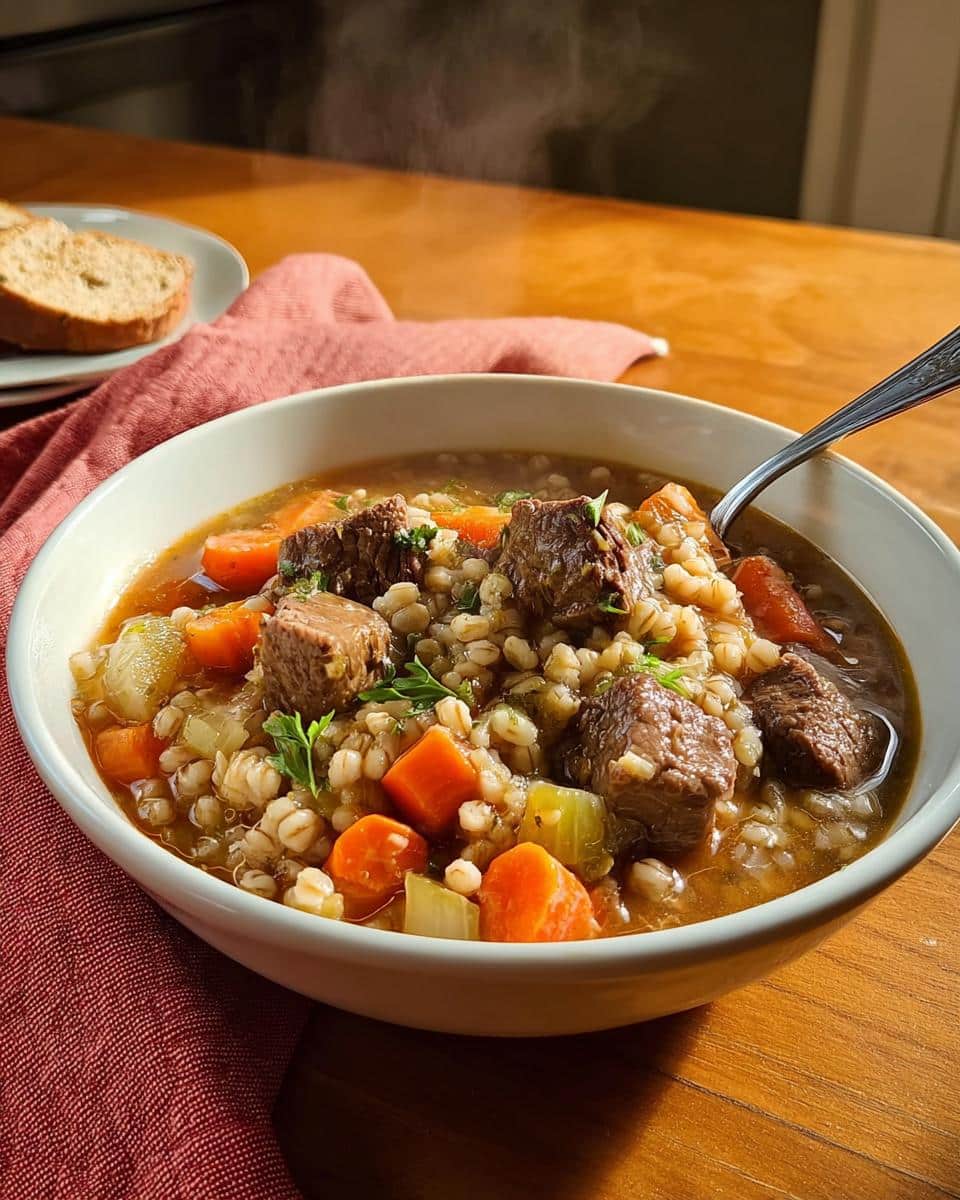 A close-up of a steaming bowl of Slow Cooker Beef Barley Soup, filled with tender beef chunks, barley, carrots, and celery.