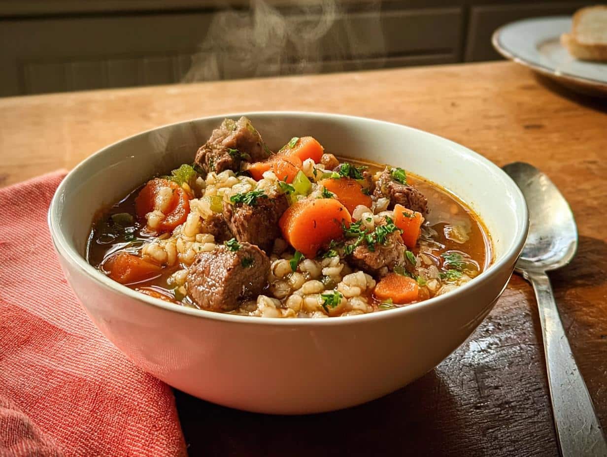 A steaming bowl of Slow Cooker Beef Barley Soup with tender beef chunks, carrots, barley, and parsley.