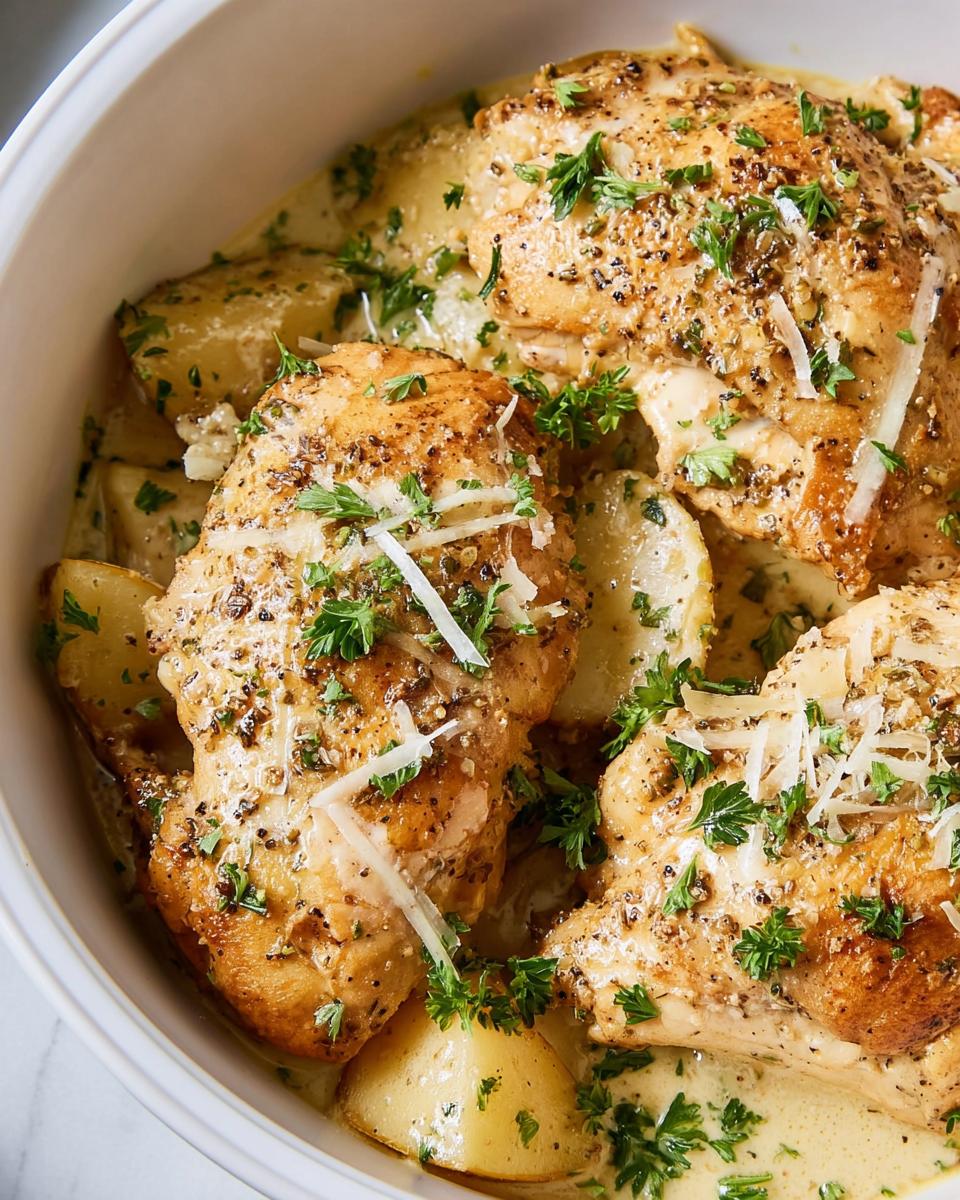 Close-up of tender Slow Cooker Garlic Parmesan Chicken pieces served with potatoes and a creamy sauce, garnished with parsley and Parmesan.