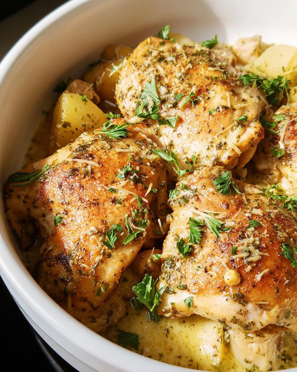 Close-up of tender Slow Cooker Garlic Parmesan Chicken thighs served with potatoes and a creamy sauce, garnished with parsley.