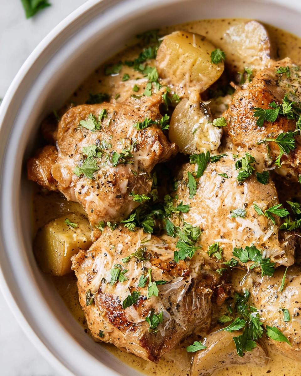 Close-up of tender Slow Cooker Garlic Parmesan Chicken pieces with potatoes, coated in creamy sauce and garnished with parsley.