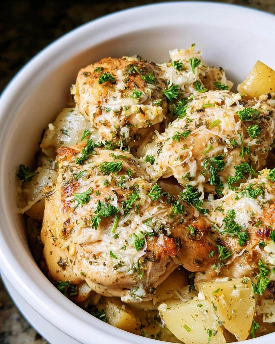 Close-up of Slow Cooker Garlic Parmesan Chicken served with potatoes and garnished with parsley and parmesan cheese.