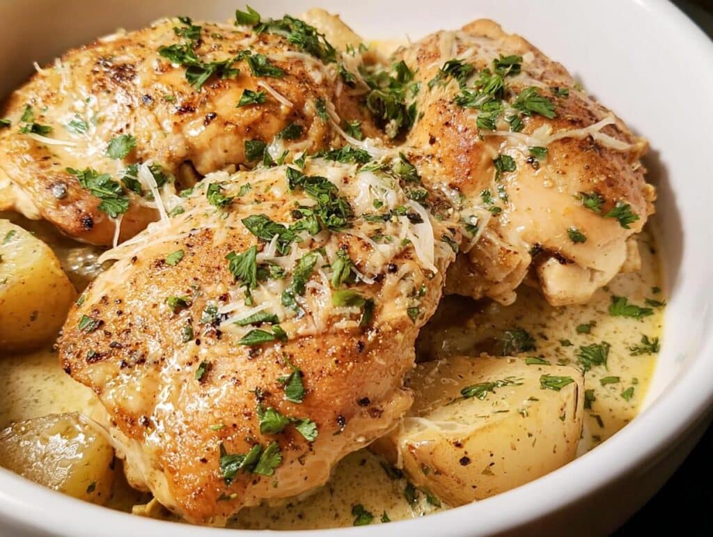 Close-up of Slow Cooker Garlic Parmesan Chicken thighs served with roasted potatoes and a creamy garlic parmesan sauce, garnished with parsley.