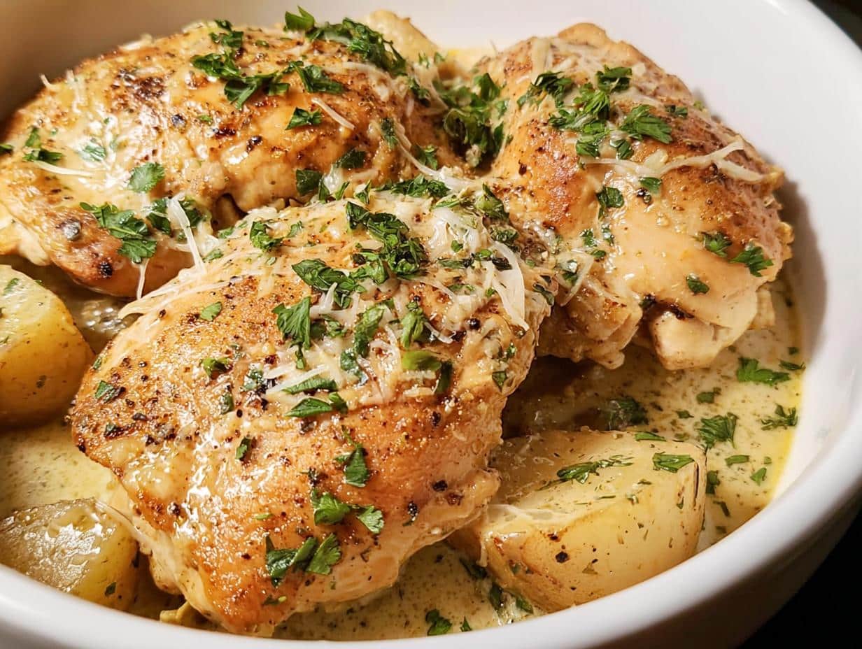 Close-up of Slow Cooker Garlic Parmesan Chicken thighs served with roasted potatoes and a creamy garlic parmesan sauce, garnished with parsley.