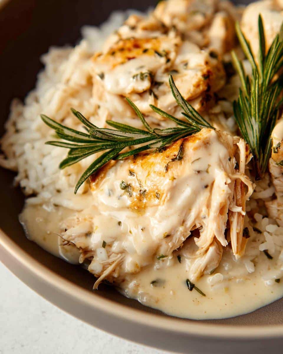 A close-up of Slow Cooker Lemon Herb Chicken & Rice, featuring tender chicken in a creamy sauce over fluffy rice, garnished with rosemary.