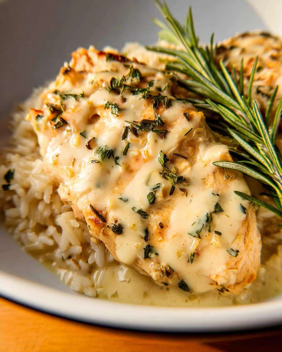 A close-up of Slow Cooker Lemon Herb Chicken & Rice, featuring tender chicken breast bathed in a creamy sauce over fluffy rice, garnished with fresh rosemary.