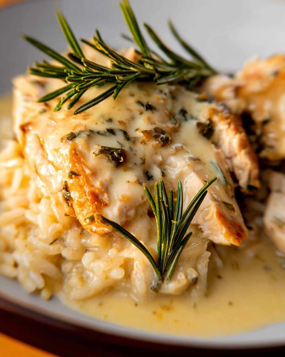 Close-up of tender chicken breast served over creamy rice, drizzled with lemon herb sauce and garnished with rosemary.