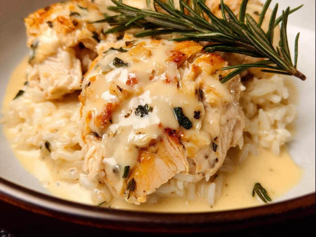 Close-up of tender chicken breast pieces served over fluffy white rice, drizzled with creamy lemon herb sauce and garnished with rosemary.