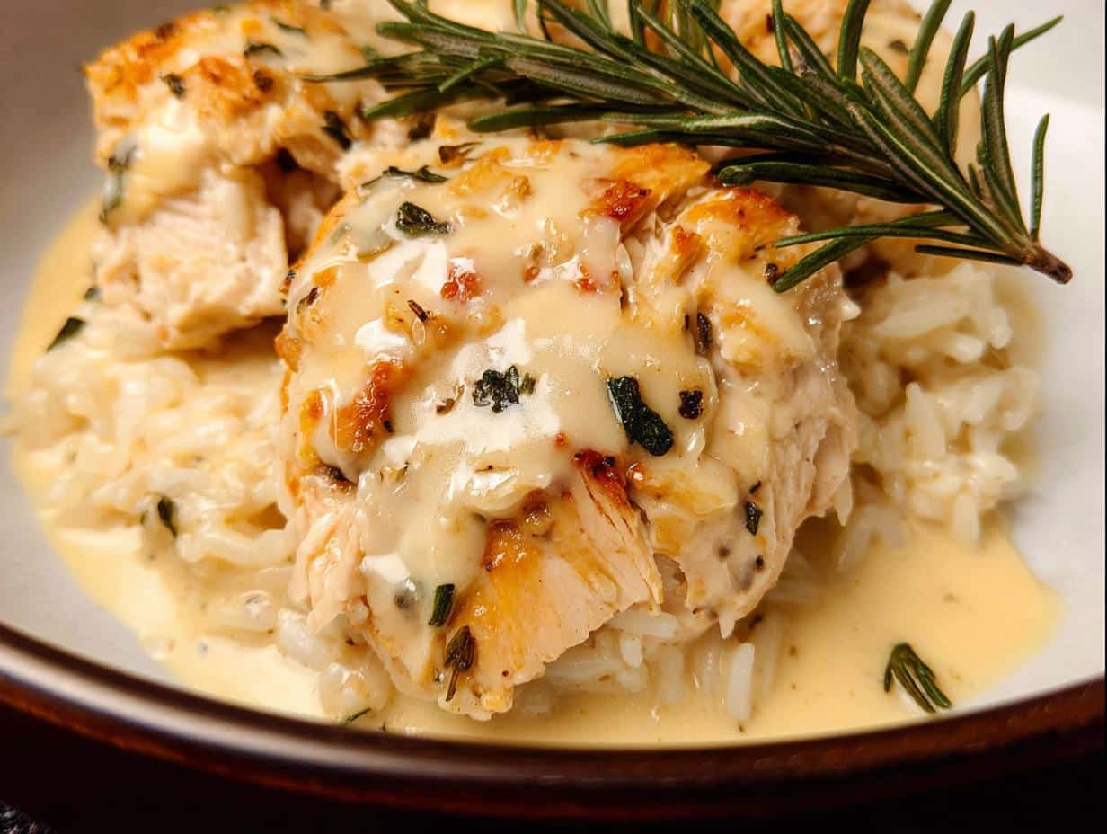 Close-up of tender chicken breast pieces served over fluffy white rice, drizzled with creamy lemon herb sauce and garnished with rosemary.