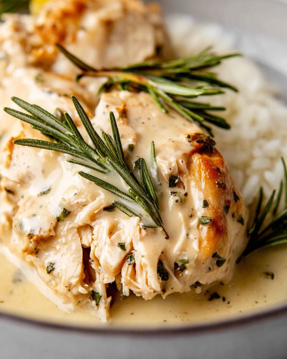 Close-up of tender Slow Cooker Lemon Herb Chicken & Rice, covered in creamy sauce and garnished with rosemary.