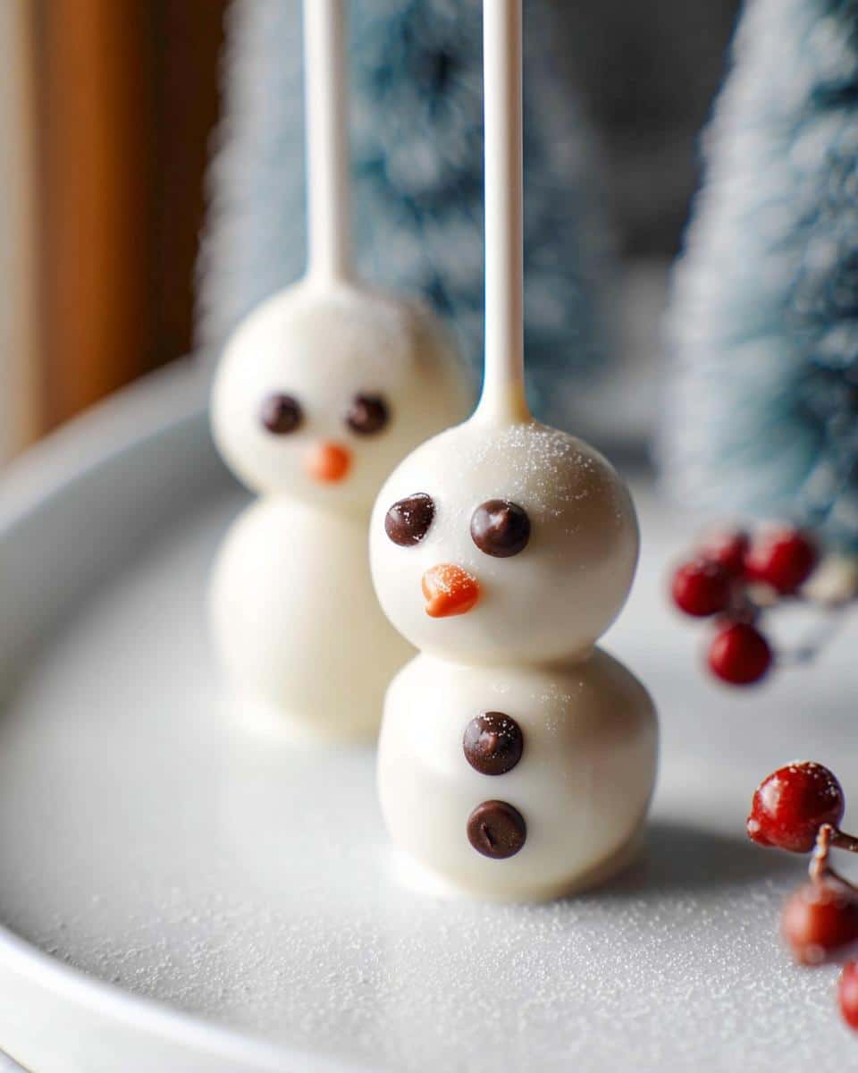 Two adorable Snowman Cake Pops decorated with white chocolate, chocolate chip eyes and buttons, and orange candy noses.