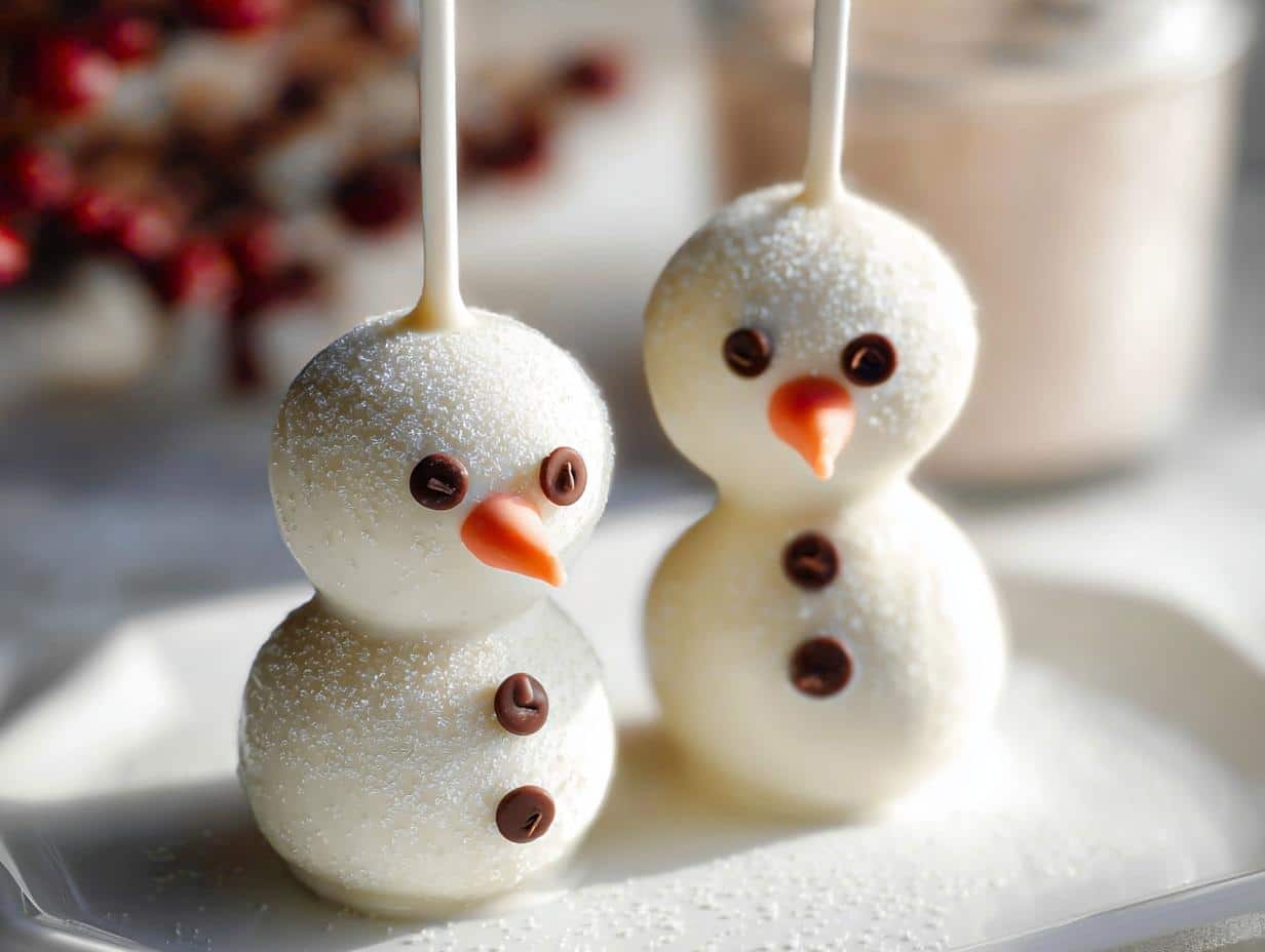 Two adorable Snowman Cake Pops decorated with white chocolate, chocolate chip eyes and buttons, and orange candy noses.