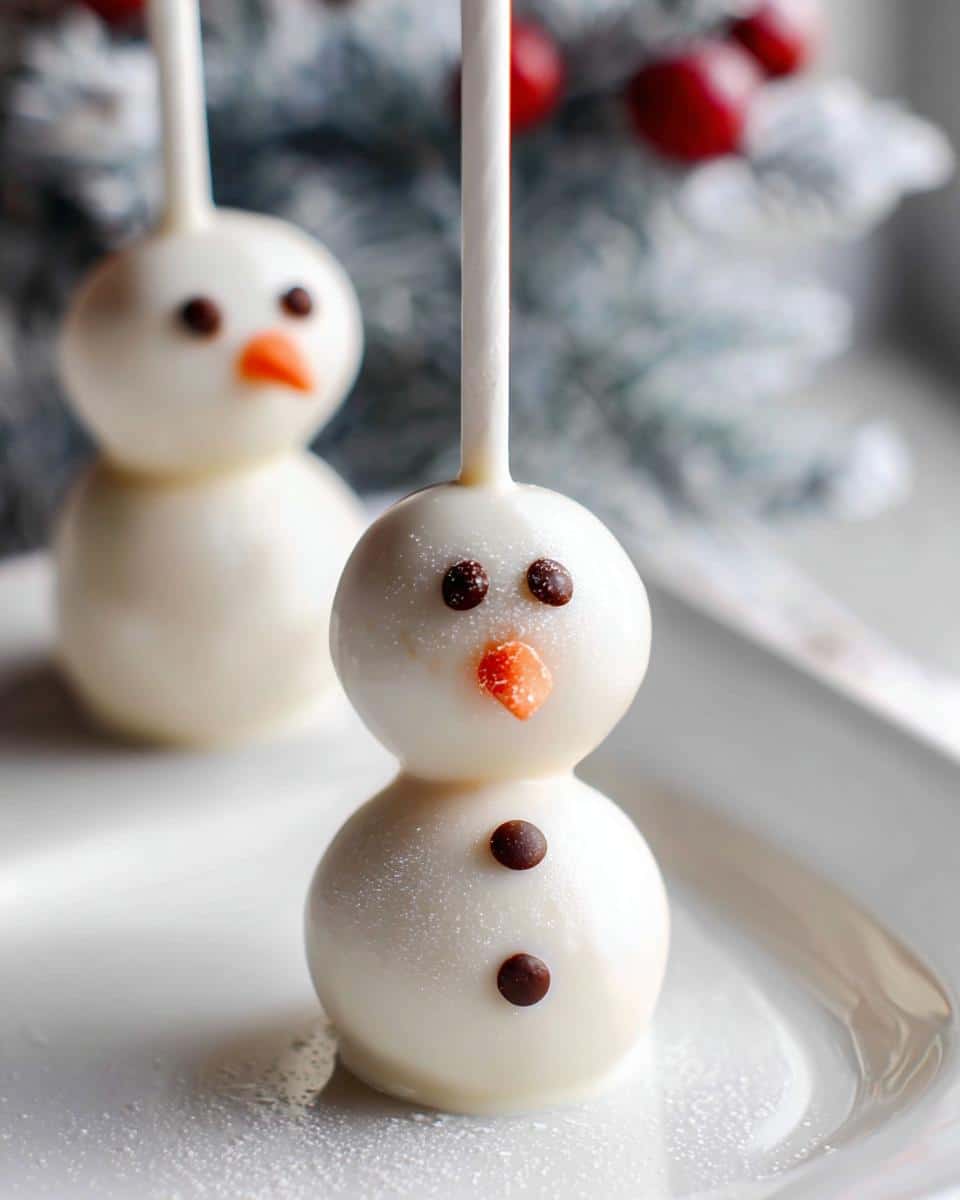 Close-up of two adorable Snowman Cake Pops decorated with chocolate chip eyes and buttons, and an orange candy nose.