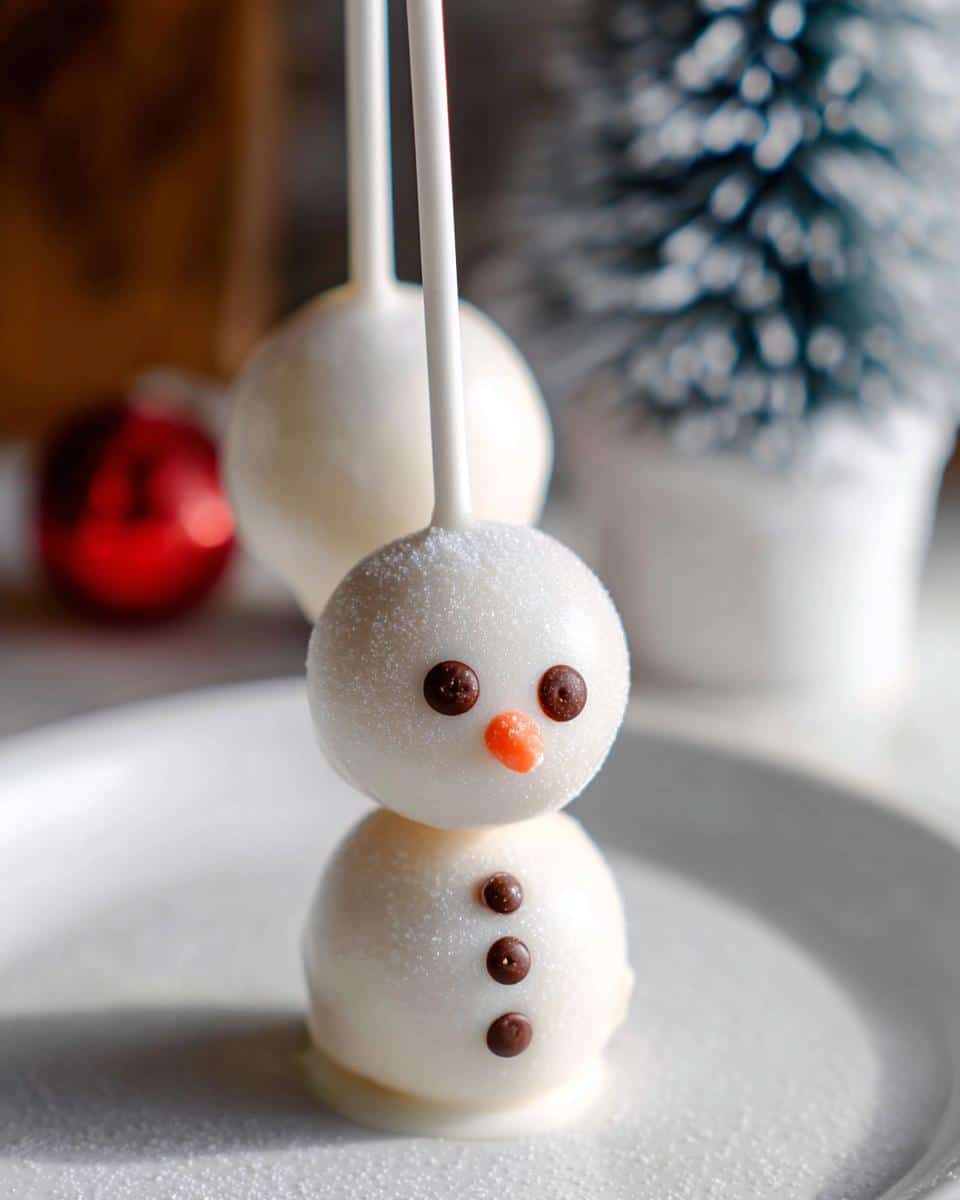 Close-up of a white chocolate Snowman Cake Pop with chocolate chip eyes and buttons, and an orange candy nose.