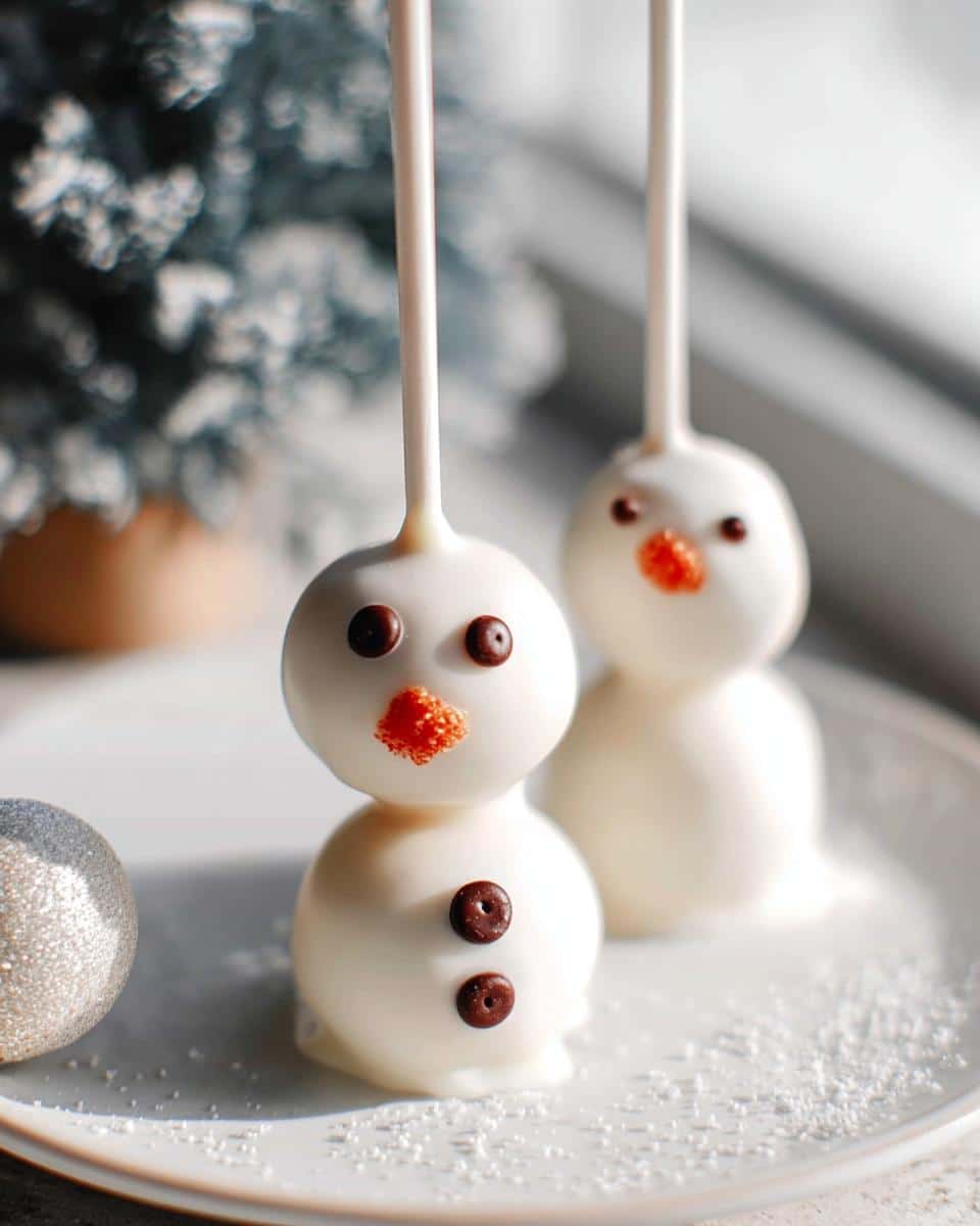Two adorable snowman cake pops decorated with white chocolate, chocolate chip eyes and buttons, and orange icing noses.