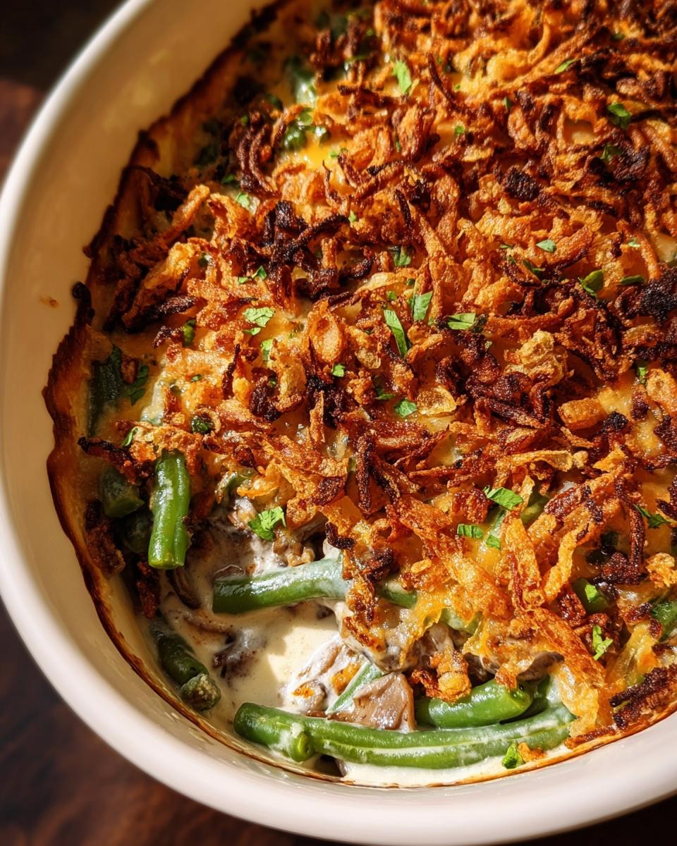 A close-up view of a bubbling Southern Green Bean Casserole topped with golden crispy fried onions and fresh parsley.