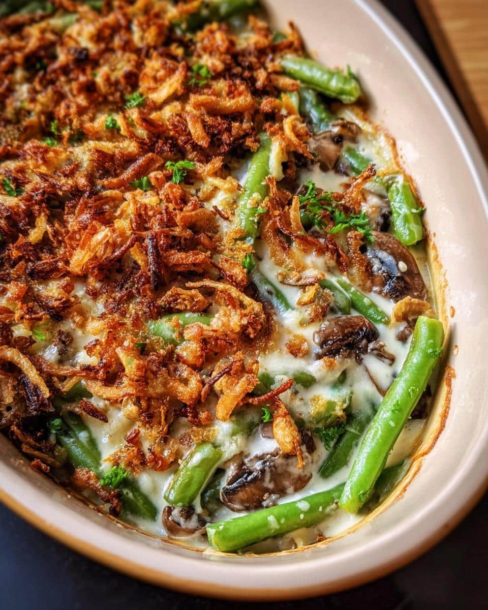 A close-up of a creamy Southern Green Bean Casserole topped with crispy fried onions and fresh parsley.
