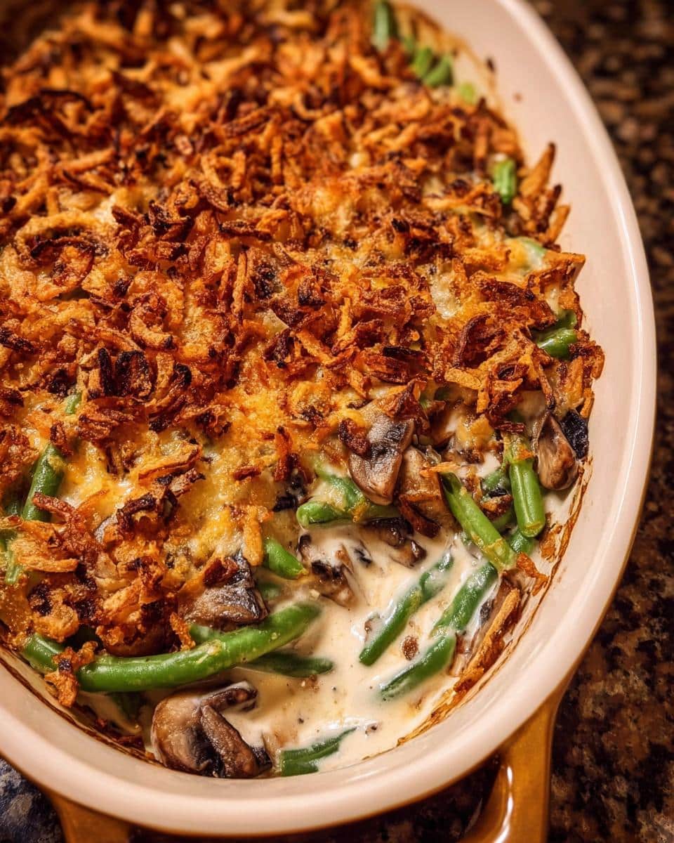Close-up of a creamy Southern Green Bean Casserole topped with crispy fried onions and baked until golden brown.