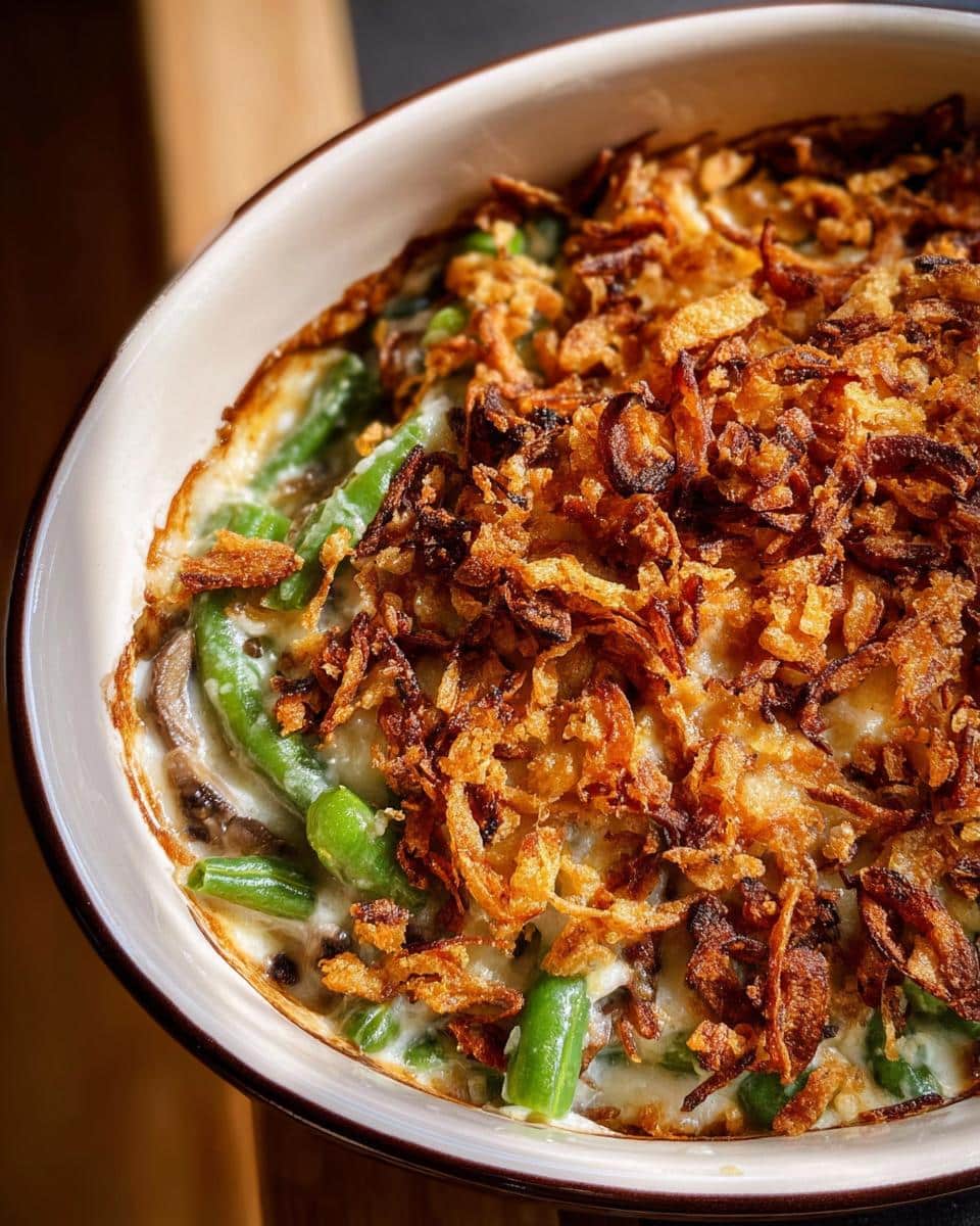 Close-up of a bubbling Southern Green Bean Casserole topped with golden crispy fried onions.