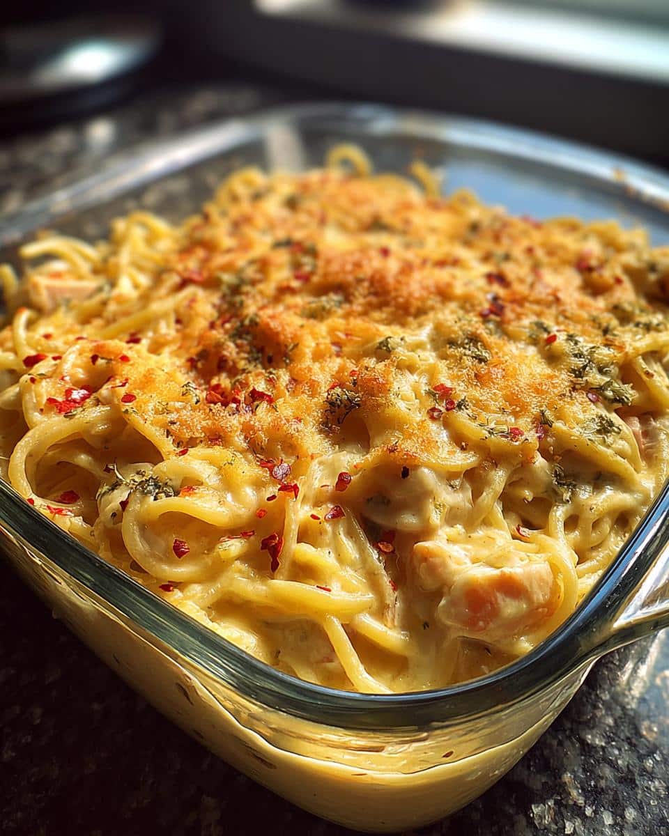 Close-up of a bubbling Spicy Southern Chicken Spaghetti Casserole topped with melted cheese and red pepper flakes.