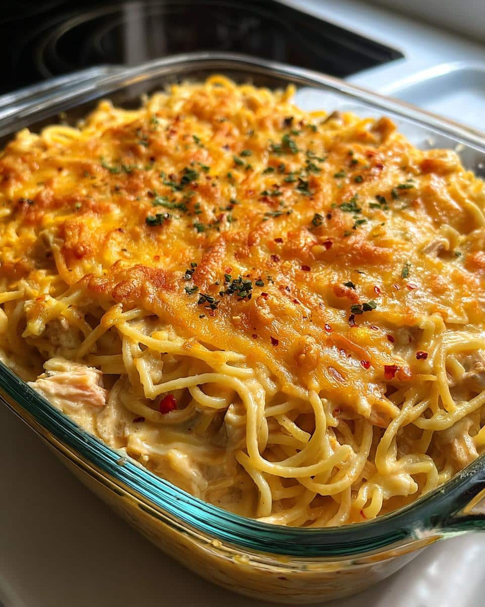 Close-up of a bubbling Spicy Southern Chicken Spaghetti Casserole topped with melted cheese and red pepper flakes.