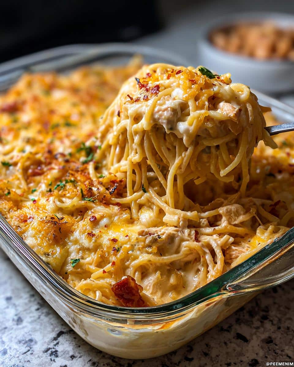 A fork lifting a generous portion of creamy Spicy Southern Chicken Spaghetti Casserole from a baking dish.