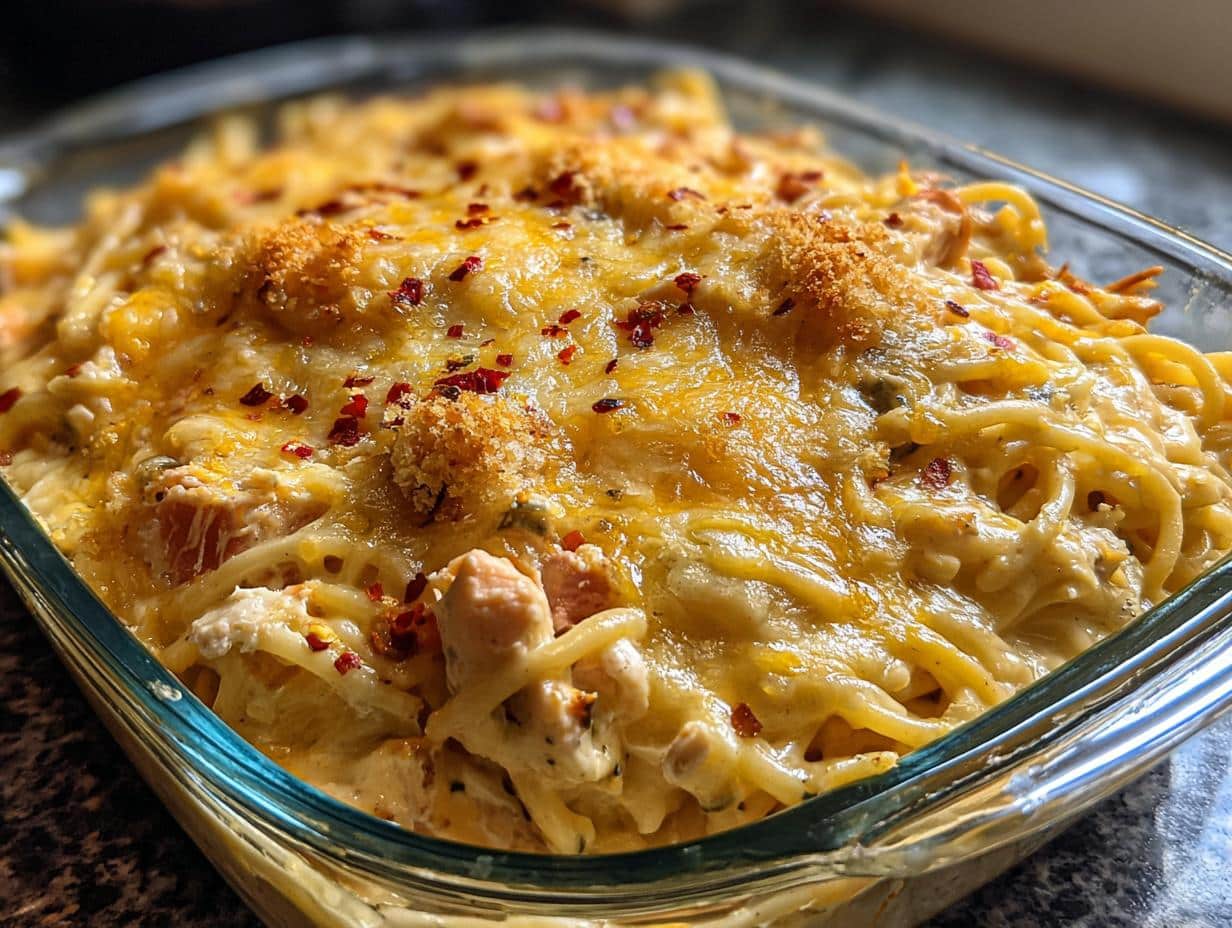 A close-up of a bubbly Spicy Southern Chicken Spaghetti Casserole topped with melted cheese and red pepper flakes.