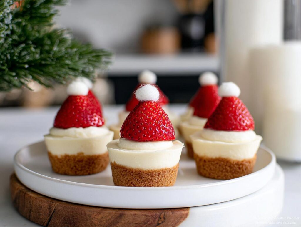 Close-up of Strawberry Santa Cheesecake Cups, featuring a graham cracker crust, creamy cheesecake filling, and a strawberry topped with whipped cream.