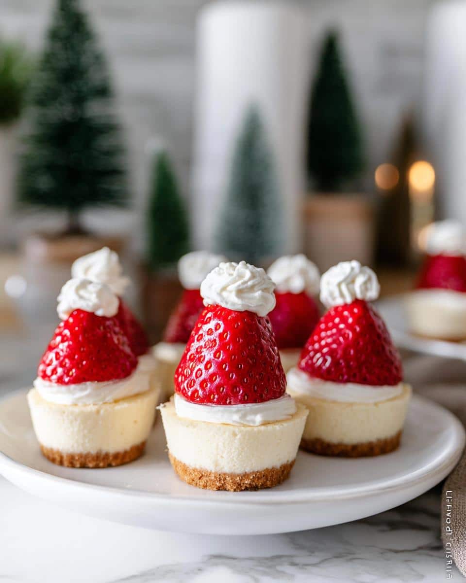 Close-up of festive Strawberry Santa Cheesecake Cups topped with whipped cream and a strawberry.